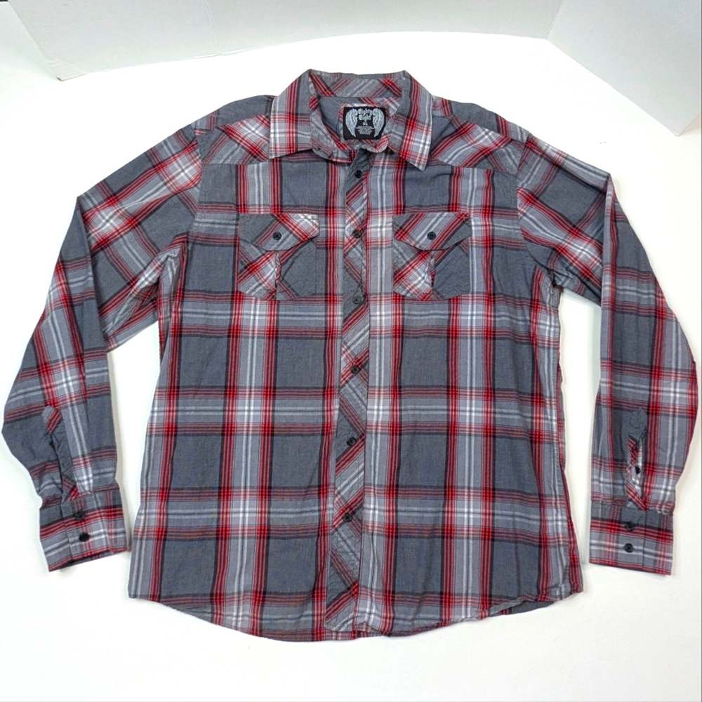Eighty Eight Shirt Mens Sz XL Black Gray Red Plaid Long Sleeve Button Up Pockets